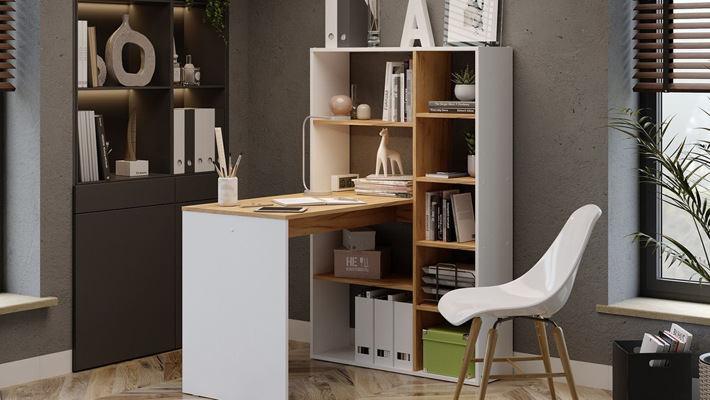 Стол письменный с полками и шкафом Графит Серый/Дуб Крафт Золотой 90х110х140 см