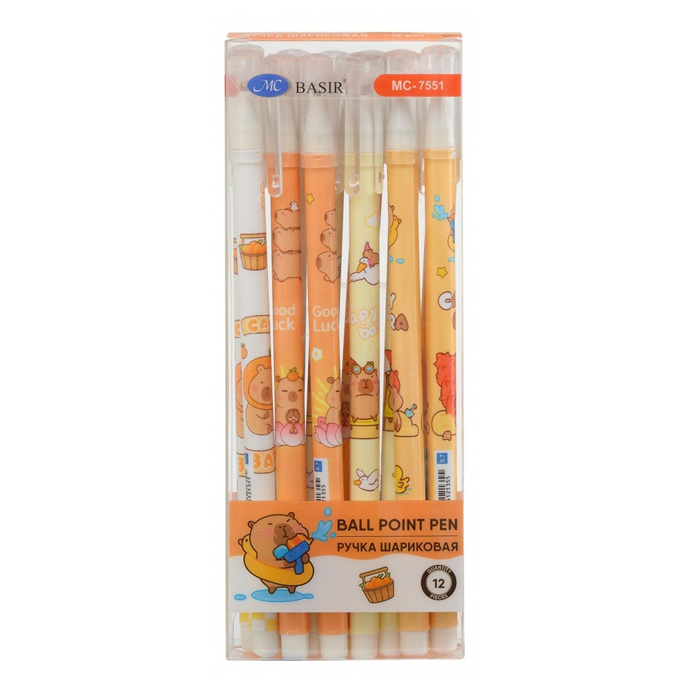 Ручка шариковая, Basir, синие чернила, серия "Капибара", разноцветный корпус, 12 шт