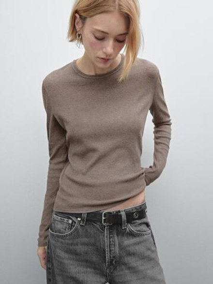 Massimo Dutti Футболка из тонкой ткани с круглым вырезом, норка
