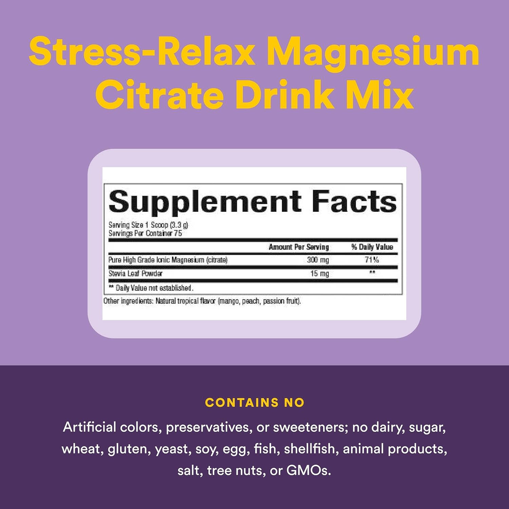Natural Factors, Stress-Relax®, цитрат магния в порошке, смесь для приготовления напитка со вкусом тропических фруктов, 250 г (8,8 унции)