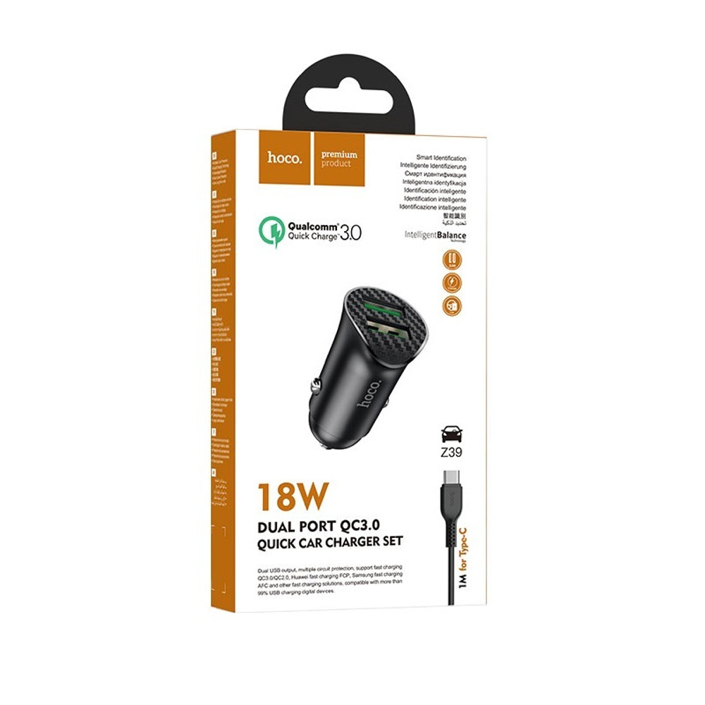 Разделитель автомобильный Hoco Z39 Farsighted dual port QC3.0 Car charger с кабелем Type-C (2USB: 3.6V-6.5V &amp; 3A 18W) Черный