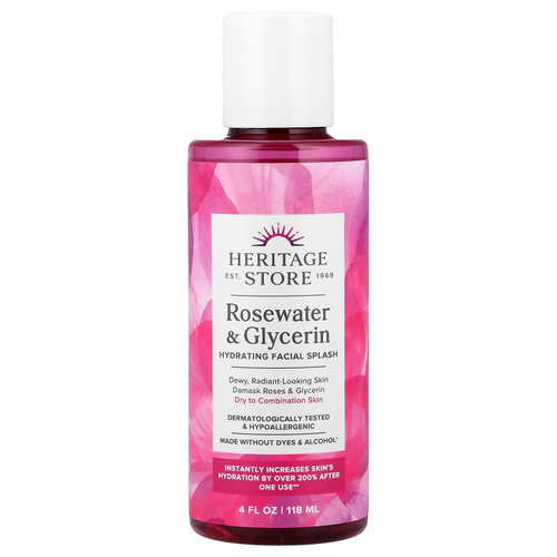 Heritage Store, увлажняющий спрей для лица, для сухой и комбинированной кожи, розовая вода и глицерин, 118 мл (4 жидк. унции)