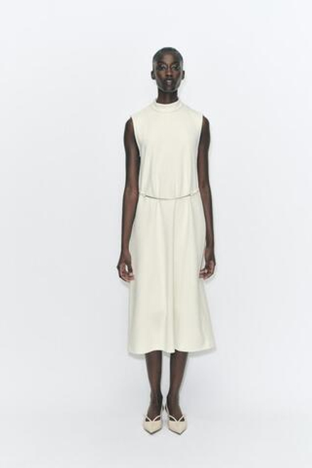 ZARA ПЛАТЬЕ МИДИ С РЕМНЕМ, ЭКРЮ