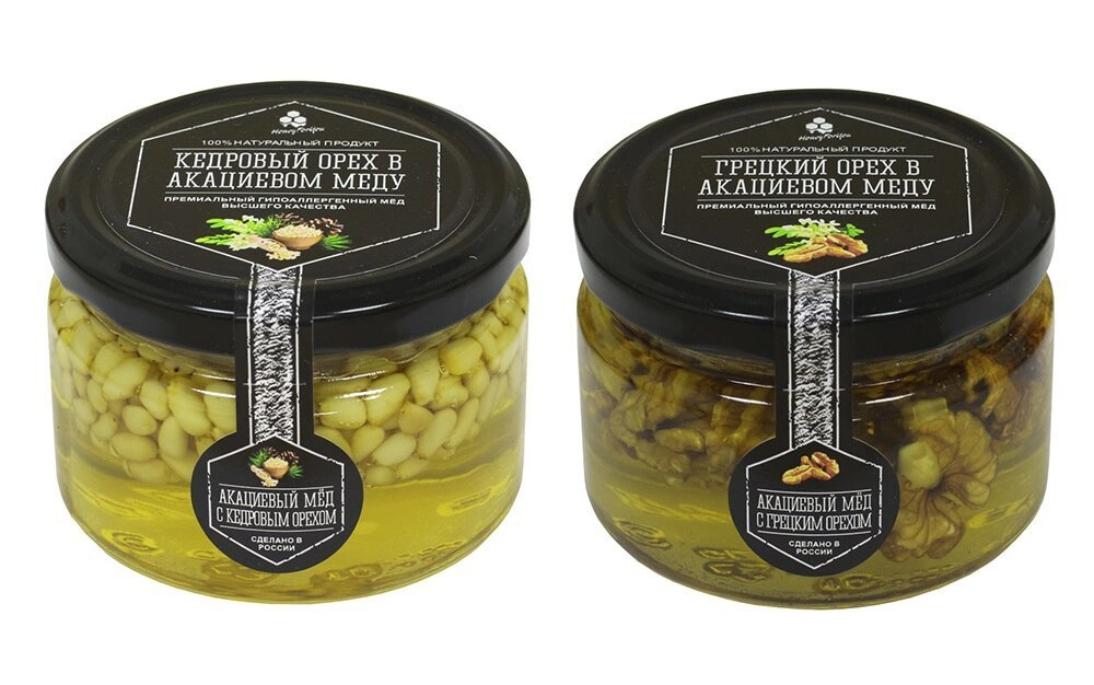 Набор (2 шт.) орехов в акациевом меду: кедровый и грецкий, 500 г