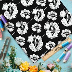 Ткань ниагара крупные белые маки на чёрном фоне