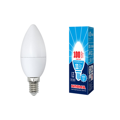 LED-C37-11W/NW/E14/FR/NR Лампа светодиодная. Форма свеча, матовая. Серия Norma. Белый свет (4000K). Картон. ТМ Volpe