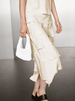 Massimo Dutti Длинное платье из струящейся ткани с воланами, натуральный, кремовый