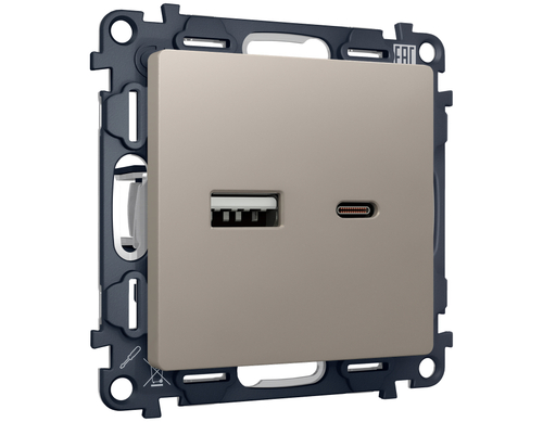 MA371010 Комплект механизма розетки ALFA Серо-бежевый матовый 2USB A+C 20W (быстрая зарядка) QUANT (AP3710, VM177)