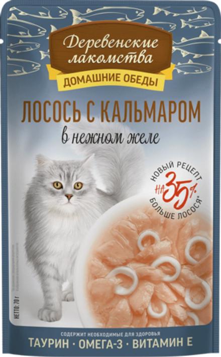 ДЕРЕВЕНСКИЕ ЛАКОМСТВА Пауч для кошек c лососем и кальмаром в нежном желе 0,07 кг
