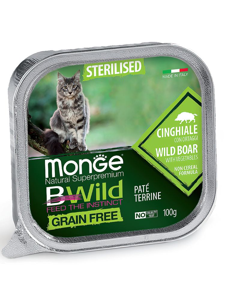 Влажный корм Monge Cat BWild GRAIN FREE для стерилизованных кошек, беззерновой, из кабана с овощами 100 г