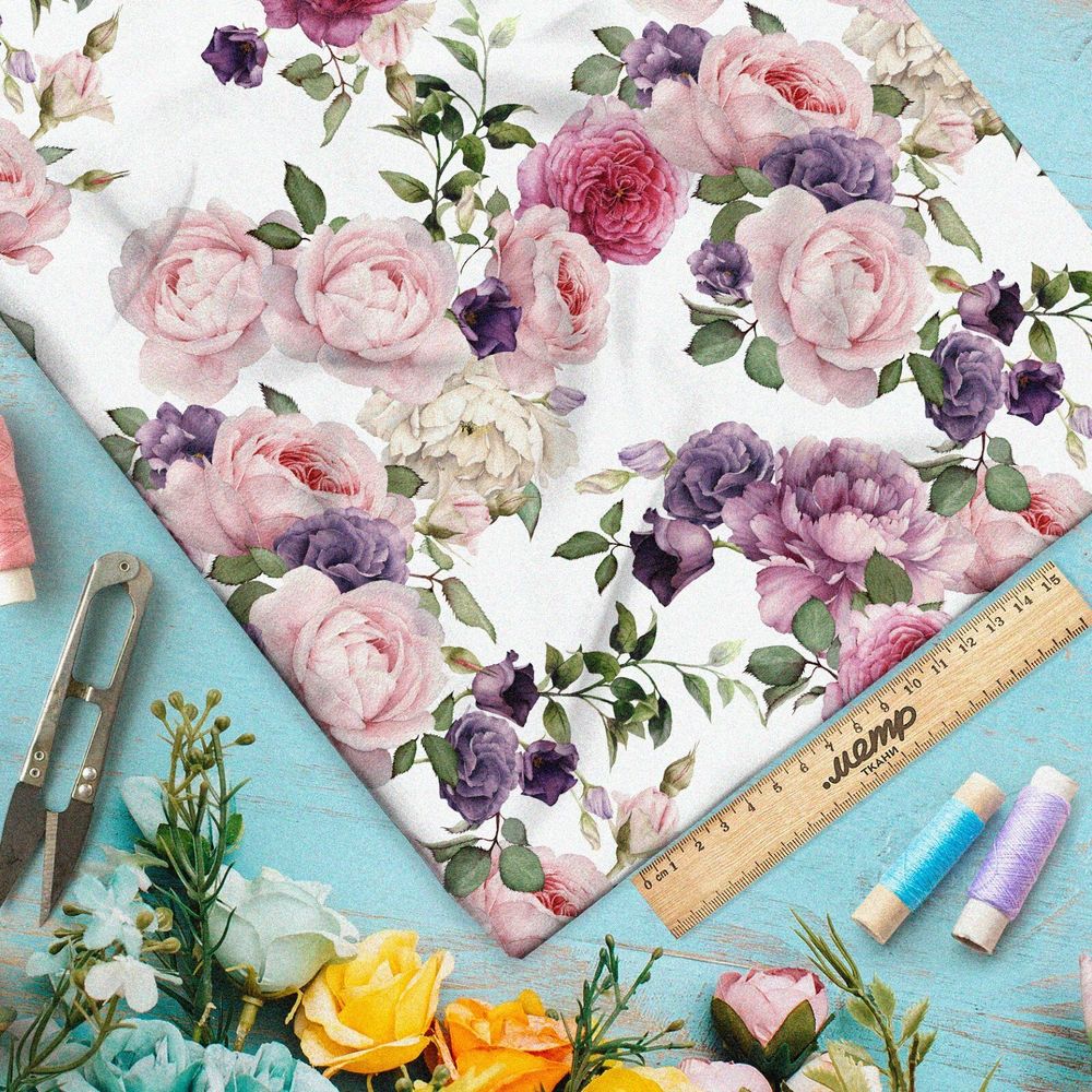 Ткань интерлок розово-фиолетовые пионы