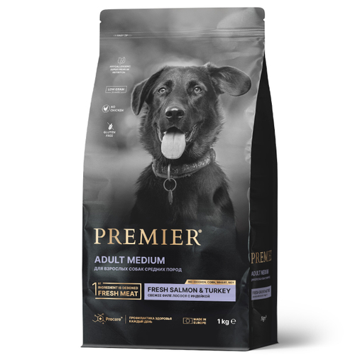 Premier Dog Medium Salmon&Turkey Сухой корм для взрослых пород средних пород с лососем и индейкой, 1кг