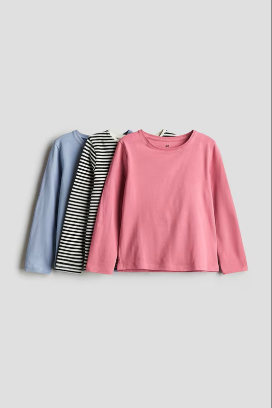 H&M Набор из трех хлопковых футболок с длинными рукавами, розовый
