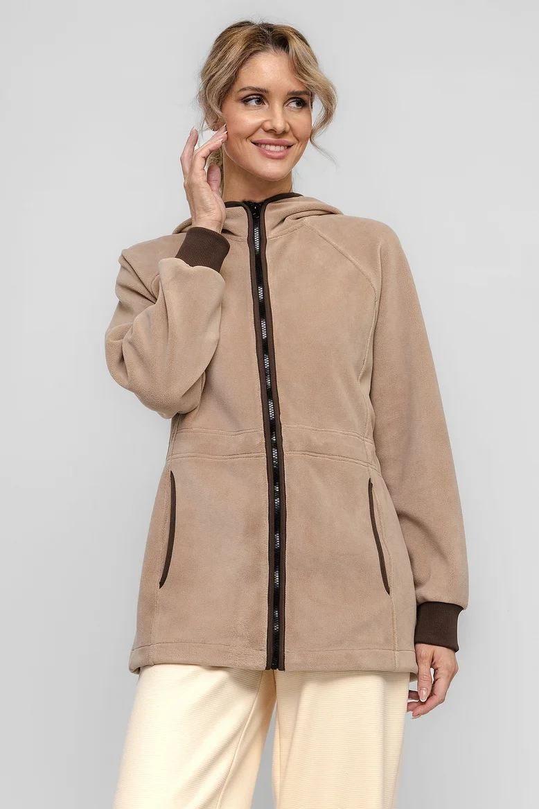 Куртка удлинённая с капюшоном, женская, ткань Джерси-Флис