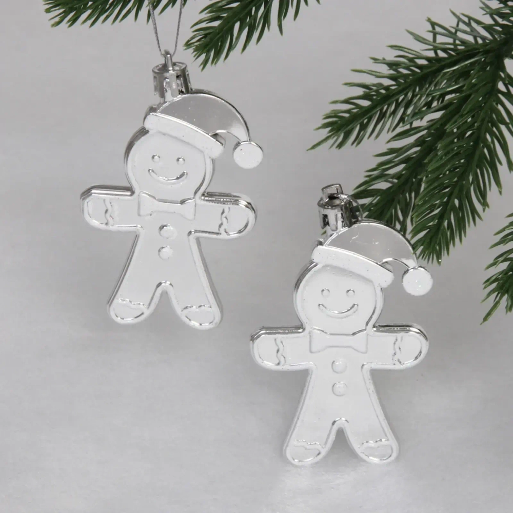 Елочные игрушки «Пряничный человечек» 8 см (набор 2 шт), Серебро