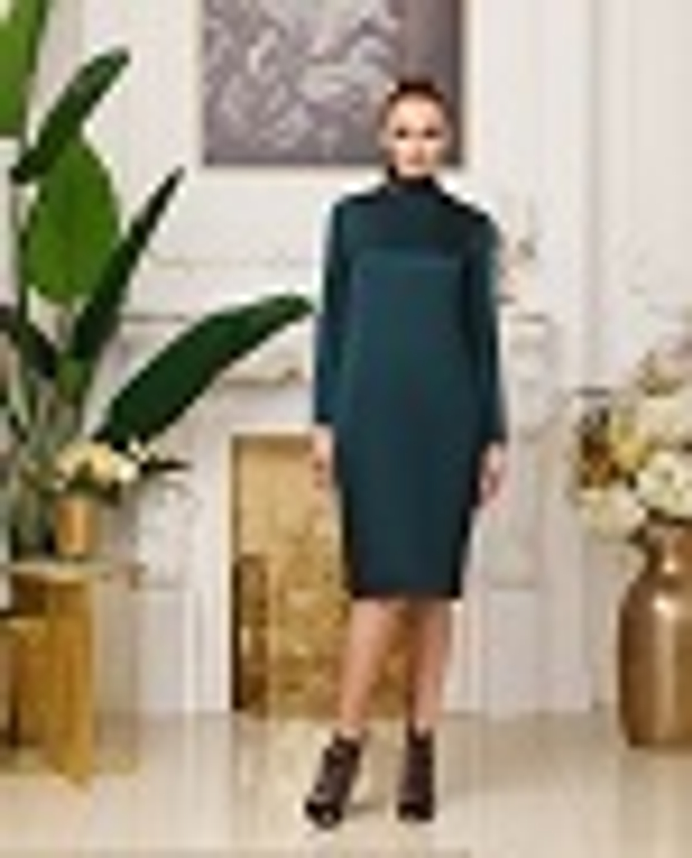 06-03-21 FW Шелковое прямое платье с воротником стойка, зеленый L