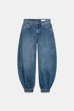 ZARA ДЖИНСЫ TRF BALLON СО СРЕДНЕЙ ПОСАДКОЙ И ПЕТЛЕЙ, СИНИЙ