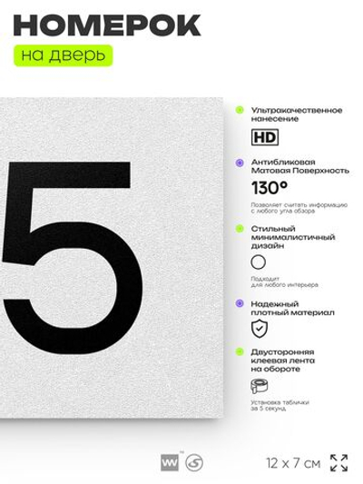 Номер на дверь 175, табличка на дверь для офиса, квартиры, кабинета, аудитории, склада, белая 120х70 мм, Айдентика Технолоджи