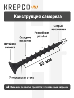 Саморезы по дереву, черные, 3.5 х 35 мм (200 штук)