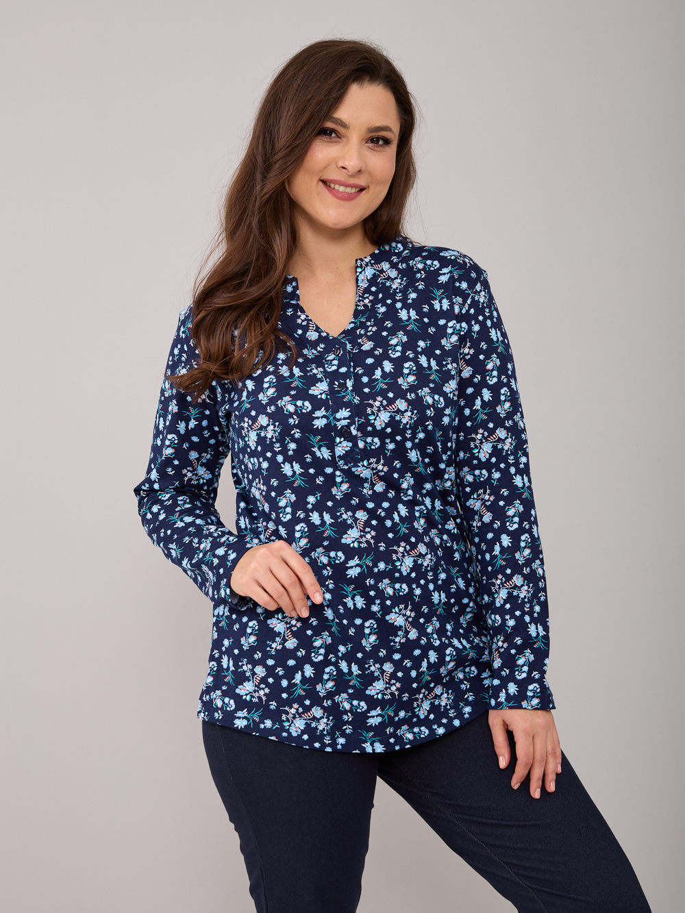 Блузка БЛ-22/темносиний-цветочки