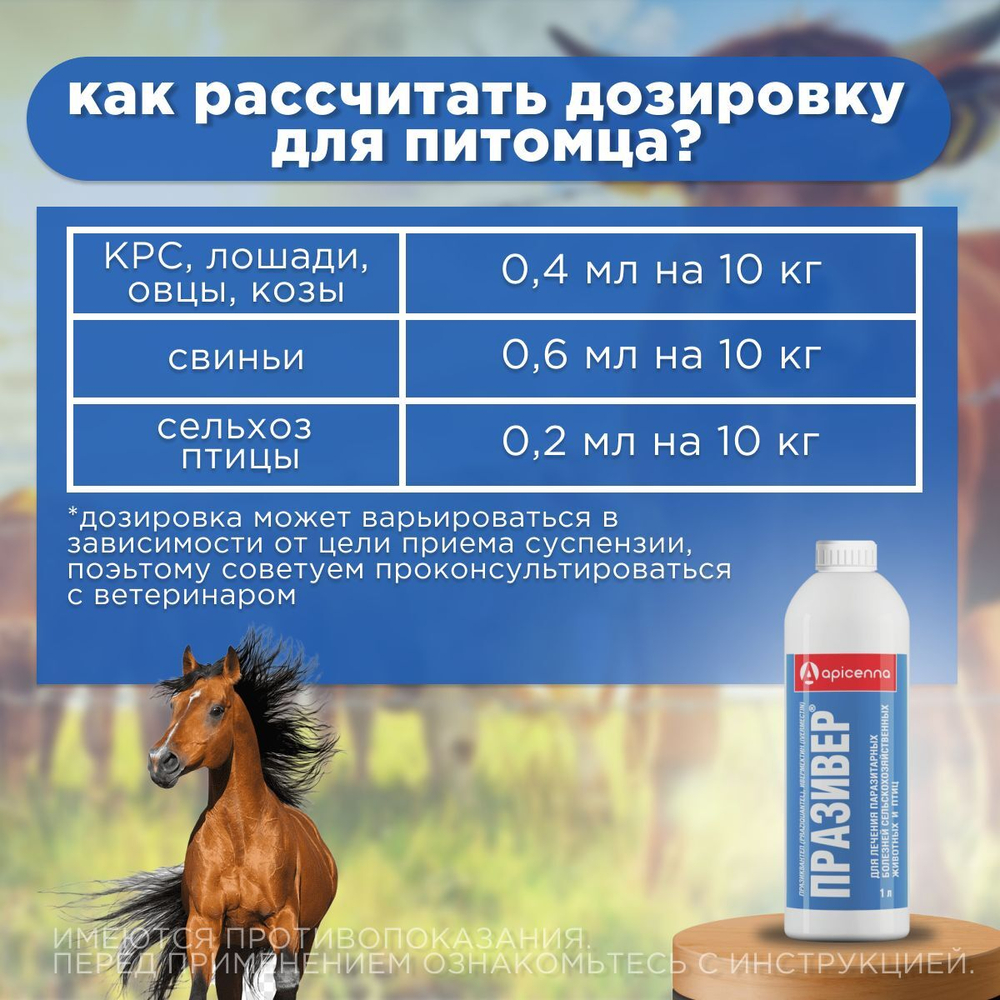 Суспензия для приёма внутрь для лечения паразитарных болезней у сельскохозяйственных животных и птиц Празивер (Apicenna), 1л Празиквантел/Ивермектин