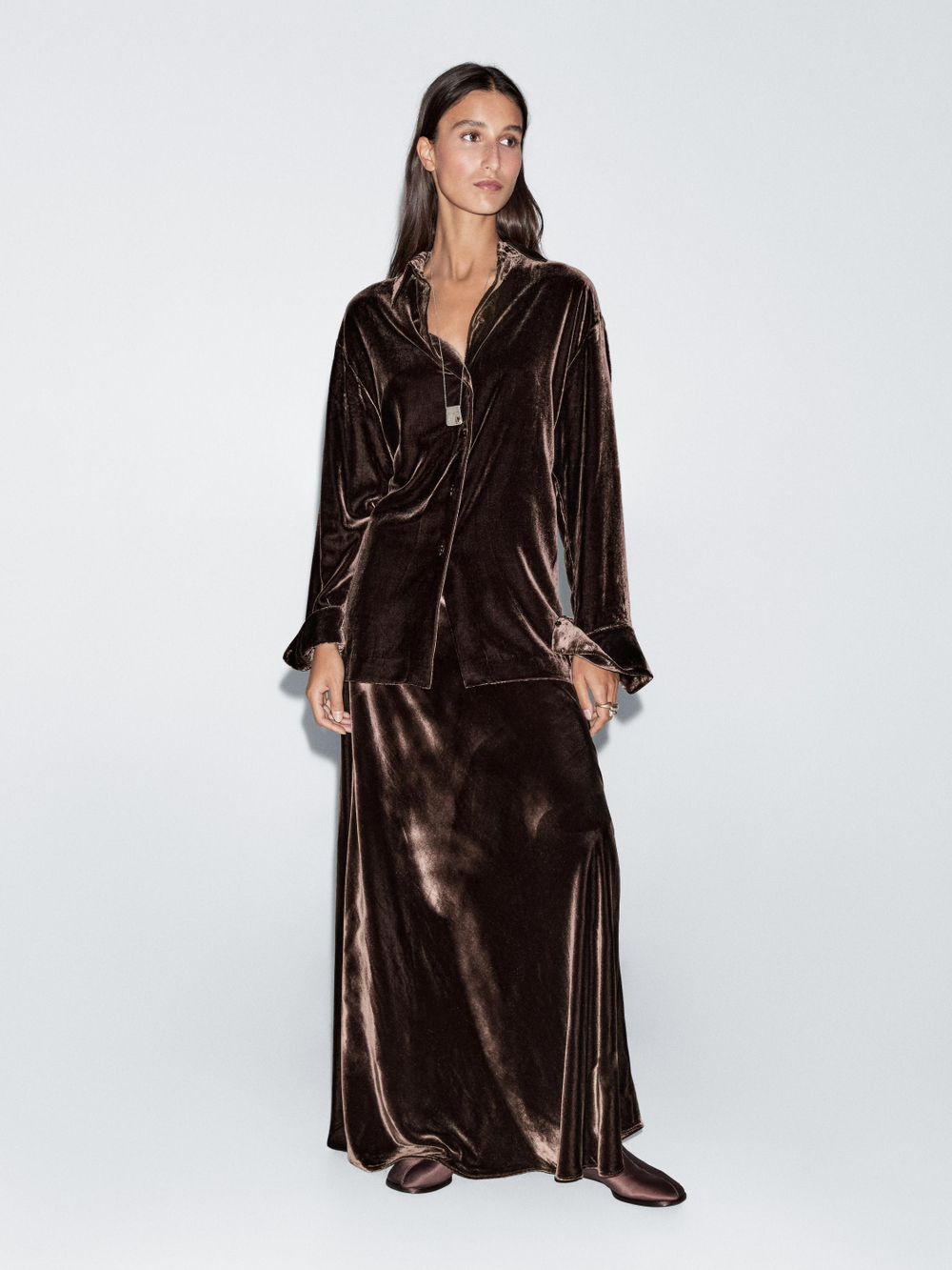 Massimo Dutti Длинная бархатная рубашка, коричневый