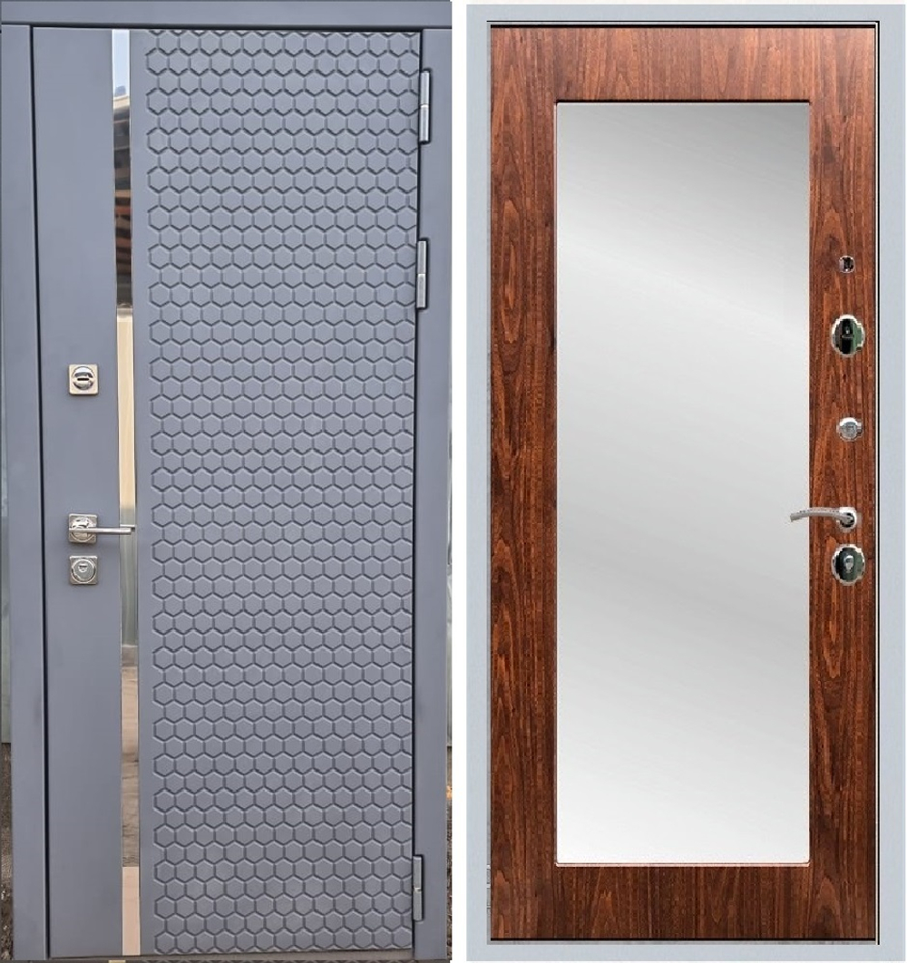 Входная металлическая дверь с зеркалом Рекс 24 Силк Титан / зеркало Пастораль Орех 12 мм