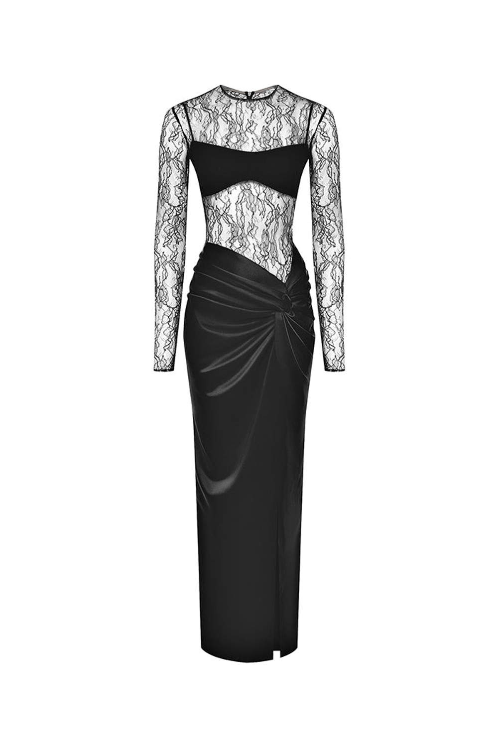 Платье макси драпированное из атласа и кружева с закрытым лифом