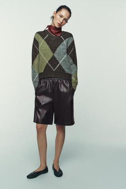 ZARA БЕРМУДЫ ИЗ ИСКУССТВЕННОЙ КОЖИ, ТЕМНО-КОРИЧНЕВЫЙ