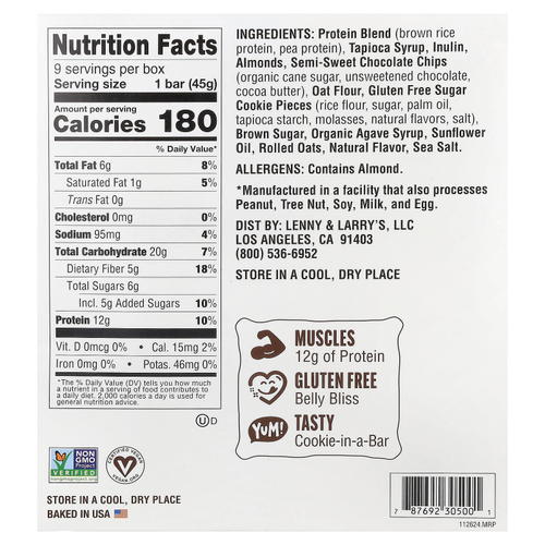 Lenny & Larry's, Cookie-Fied® Bar, батончик с шоколадной крошкой, 9 шт. по 45 г (1,59 унции)