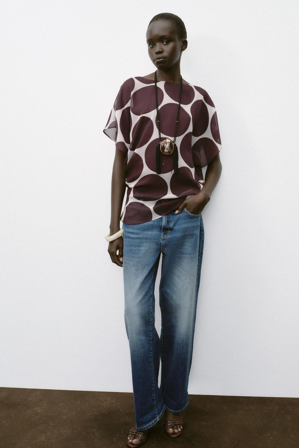 ZARA ПОЛУПРОЗРАЧНЫЙ ТОП В ГОРОШЕК, ЭКРЮ/ГРАНАТОВЫЙ