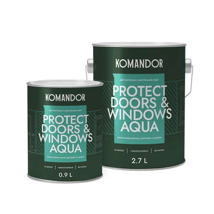 Эмаль для окон и дверей Komandor Protect Doors&Widows Aqua, полуматовая, база А, белая, 0,9 л