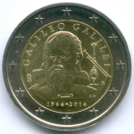 2 евро 2014 год. Италия. 450 лет со дня рождения Галилео Галилея. Биметалл UNC