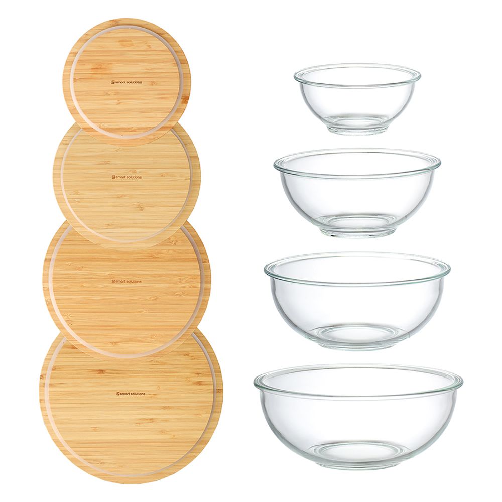 Набор из 4-х стеклянных мисок Eco Store с крышками из бамбука