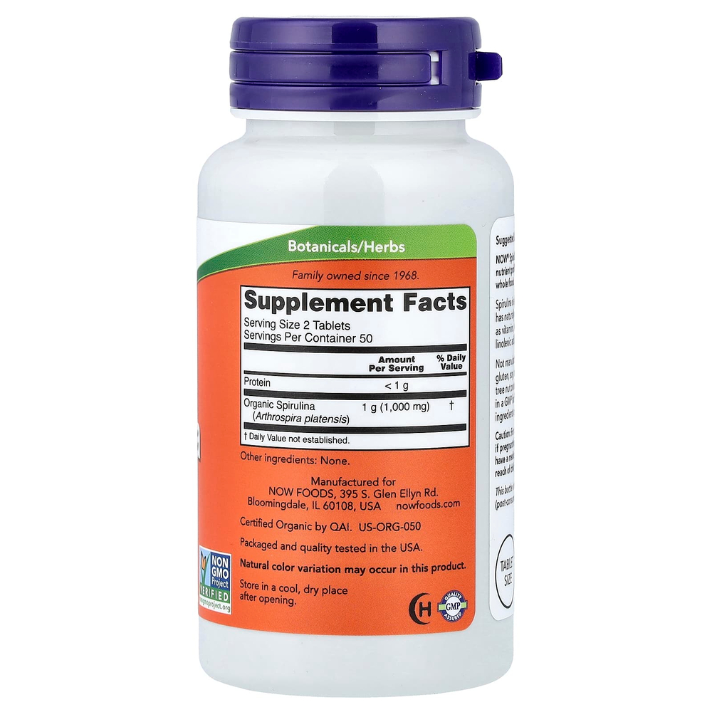NOW Foods, сертифицированная органическая спирулина, 500 мг, 100 таблеток