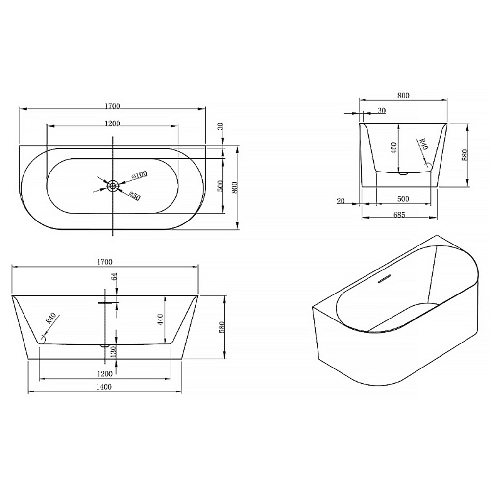 Ванна акрилловая MELADO пристеная и ножками 1700*800*580ММ 80130
