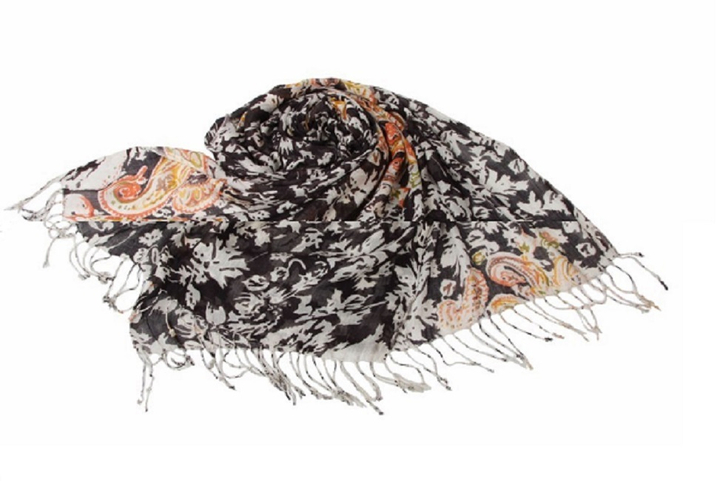 Палантин Вискоза 100% Королевские огурцы, черный, светлый на коричневом 70x180 см.