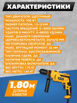 Дрель ударная сетевая 700Вт, реверс, регулировка оборотов