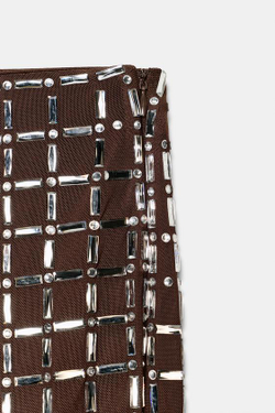 ZARA МИНИ-ЮБКА СО СТРАЗАМИ, КОРИЧНЕВЫЙ