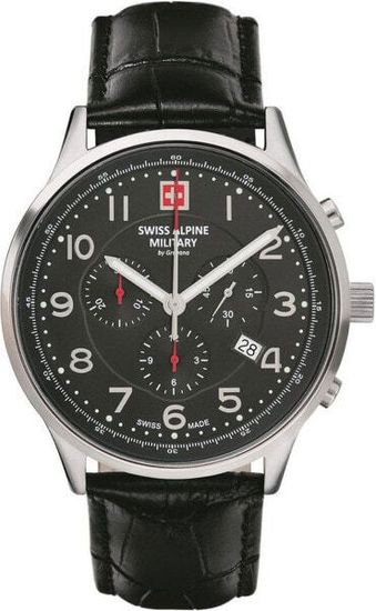 С ремешком Мужские наручные часы с черным кожаным ремешком  Swiss Alpine Military 7084.9537 Chronograph 43mm 10ATM