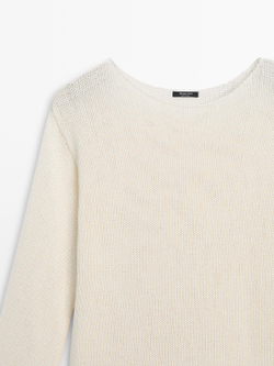 Massimo Dutti Свитер из смесового хлопка с ажурным узором, натуральный/кремовый