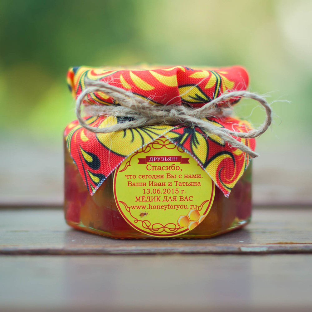 Бонбоньерка с медом на свадьбу, 140 грамм, стиль "Хохлома"