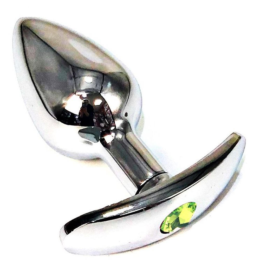 Серебристая анальная пробка для ношения с салатовым кристаллом - 6 см. (Цвет: салатовый)