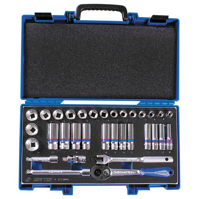 KING TONY (3033MRV) Набор торцевых головок с принадлежностями 3/8", 12-гранные, 7-24 мм, 33 предмета