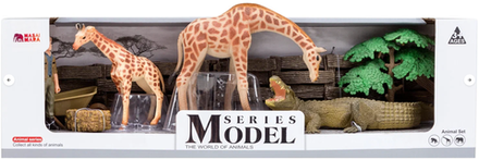 Игровой набор Masai Mara Мир диких животных: 2 жирафа, крокодил, фермер, дерево, тачка, сено, забор