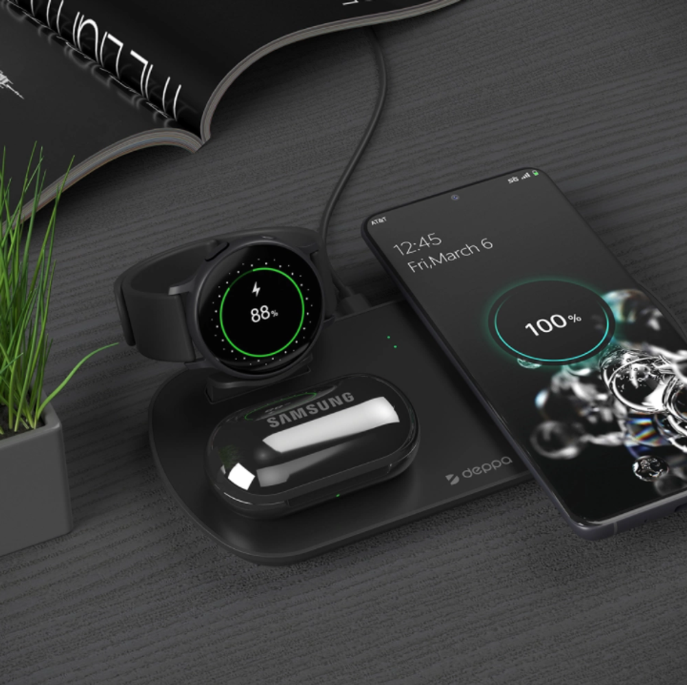 Беспроводное зарядное устройство Deppa 3 в1 (D-24011) для смартфонов с Qi/ Galaxy Watch/ Galaxy Buds 17.5W (черный)