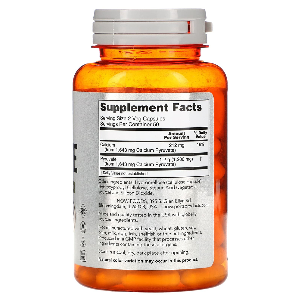 NOW Foods, Sports, пируват, 600 мг, 100 растительных капсул