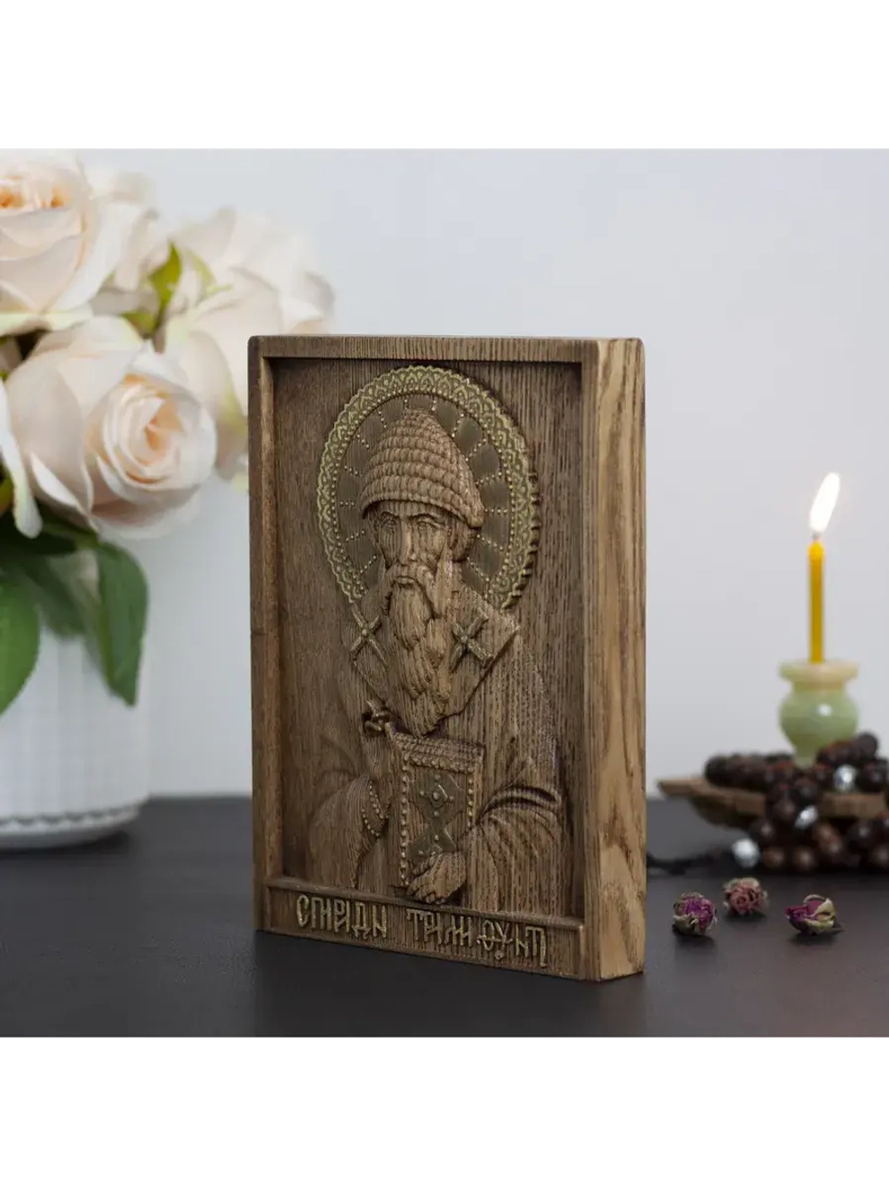 Спиридон Тримифунтский икона деревянная резная, ясень 01