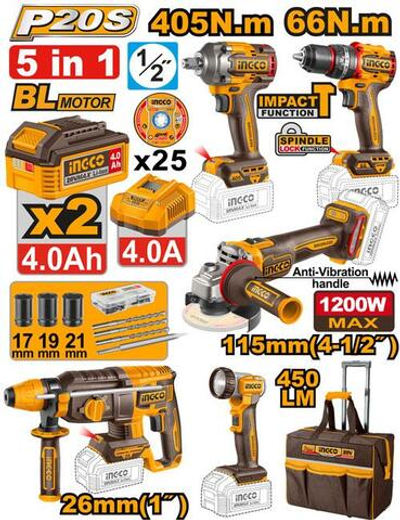 Набор аккумуляторного инструмента BL 5шт. Li-Ion 20В INGCO CKLI20595 INDUSTRIAL