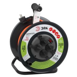 Удлинитель силовой ЭРА RMx-4es-3x1,5-40m-IP44 на металлической катушке c заземлением 4 розетки 40м ПВС 3х1.5мм2 | Силовые удлинители